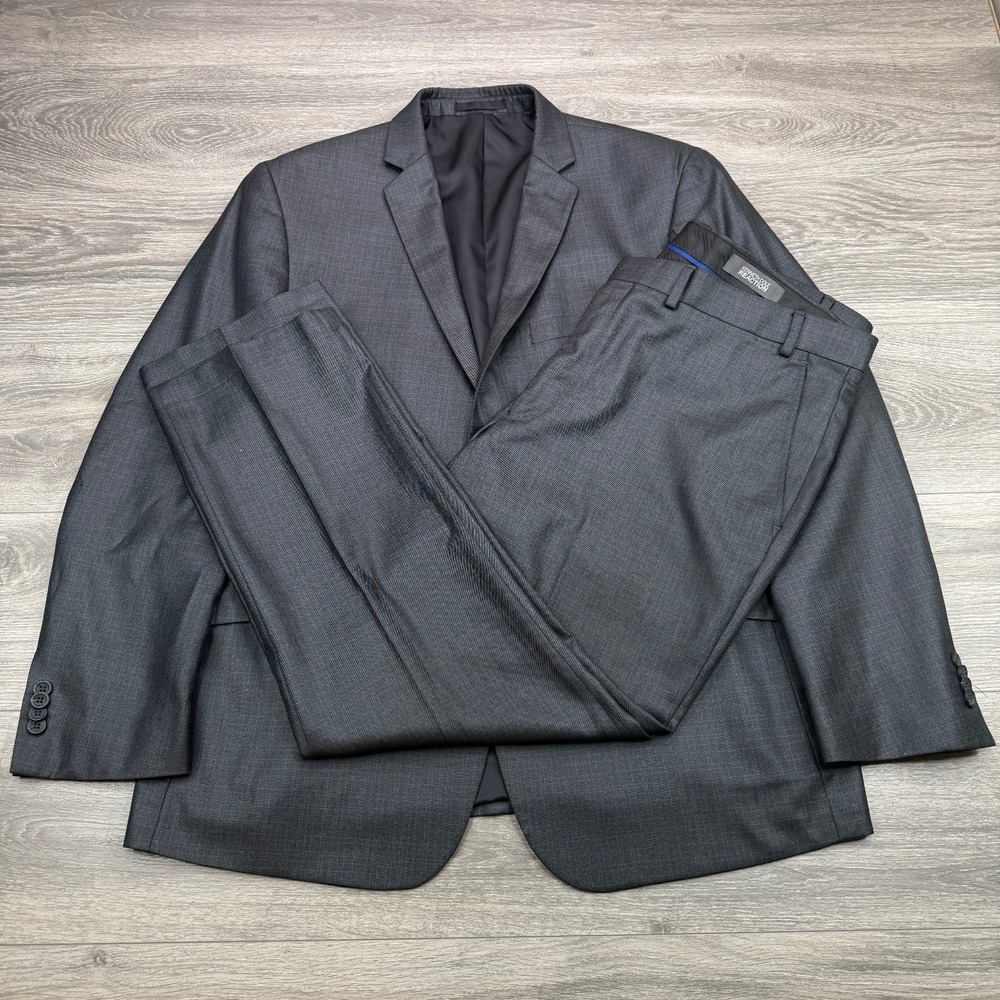 Kenneth Cole Reaction Suit Mens 46R 40x29 Charcoal Gray Windowpane Blazer Pants